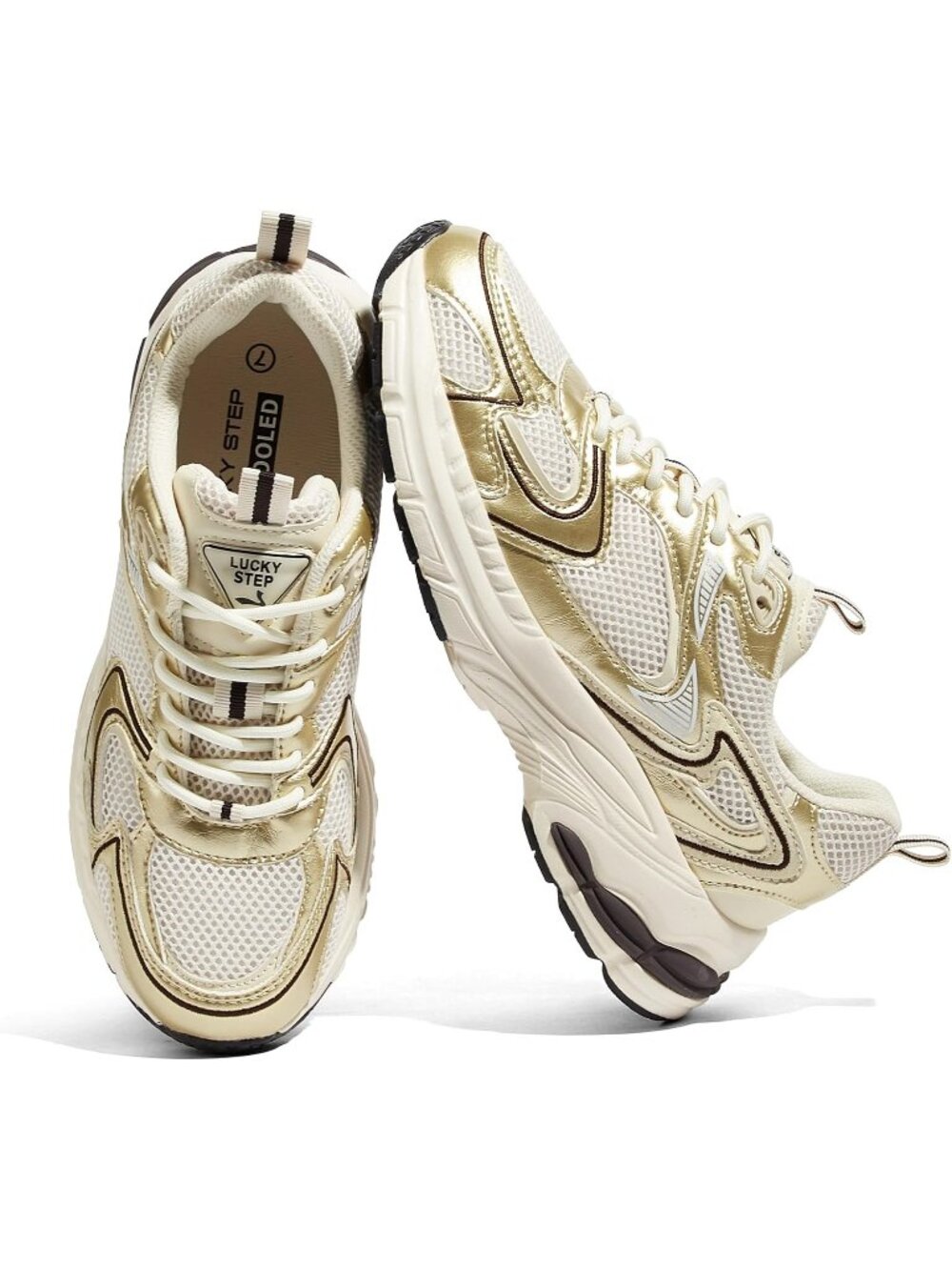 Women's Beige Gold Chunky Mesh Sneakers Casual Athletic Tennis Walking Shoes